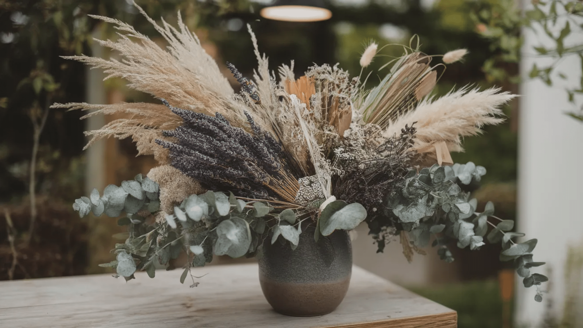 a beautifully arranged bouquet of dried flowers, including lavender, pampas grass, and eucalyptus, in a ceramic vase on a wooden table.
