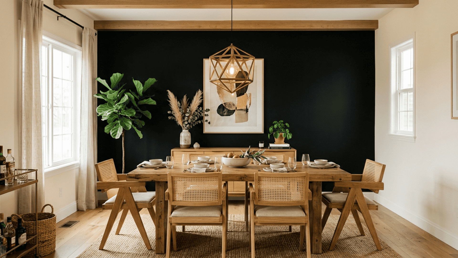 a black accent wall dining room with natural wood furniture warm metallic fixtures and cream surrounding walls for a bold balanced look
