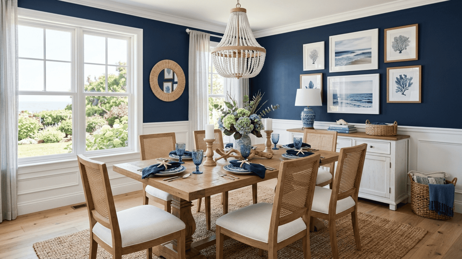 a blue and white dining room with navy walls white trim wood accents and blue textiles offering a classic fresh and timeless color pairing