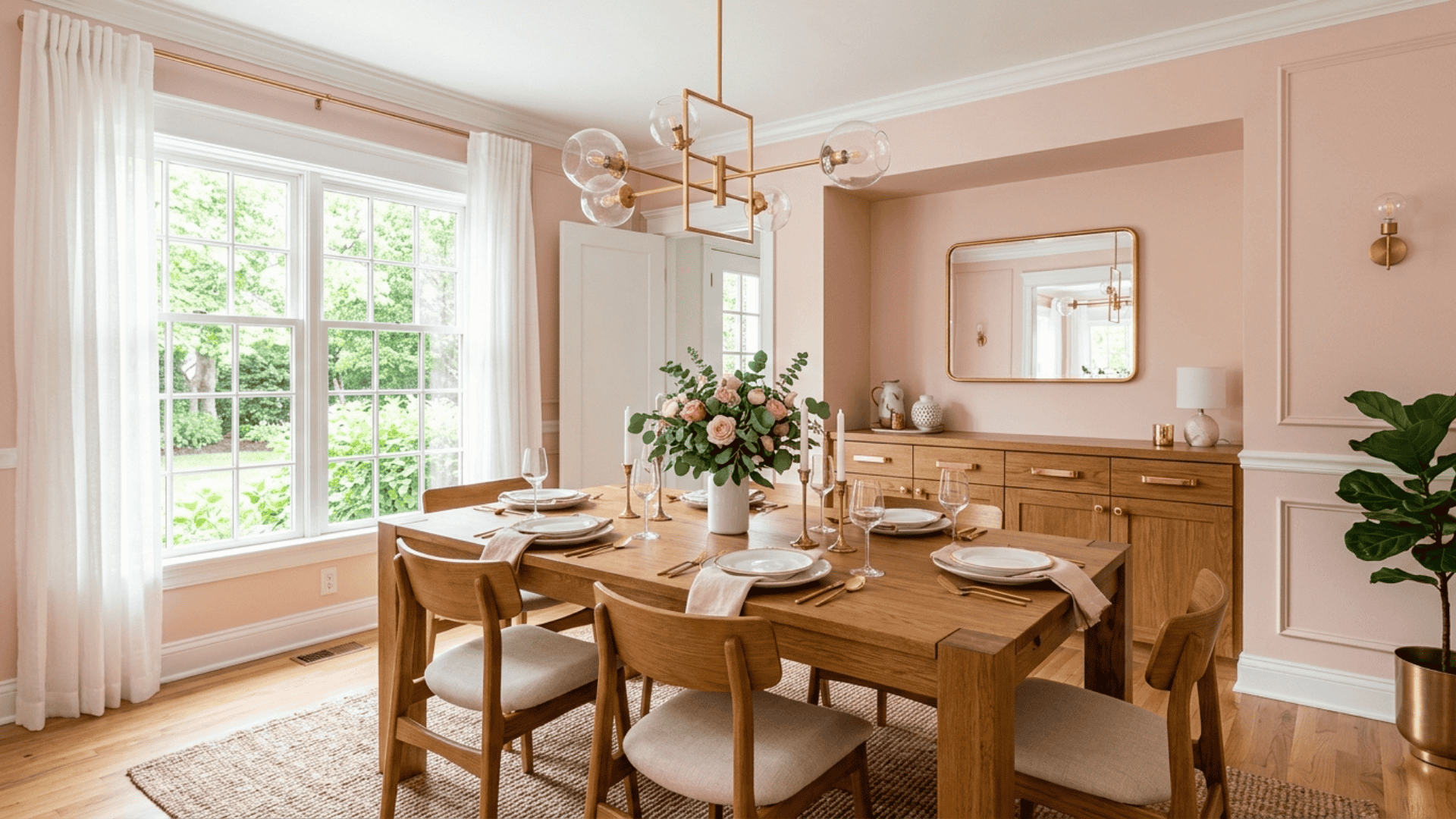 a blush pink dining room with white trim warm wood furniture and gold fixtures bathed in natural light for a soft inviting look