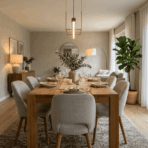a bright and well styled dining room showcasing a range of color possibilities with neutral walls and warm natural lighting