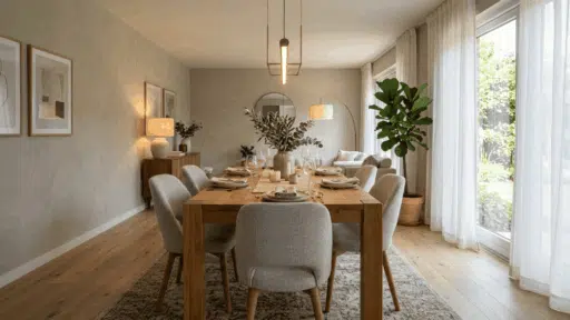 a bright and well styled dining room showcasing a range of color possibilities with neutral walls and warm natural lighting