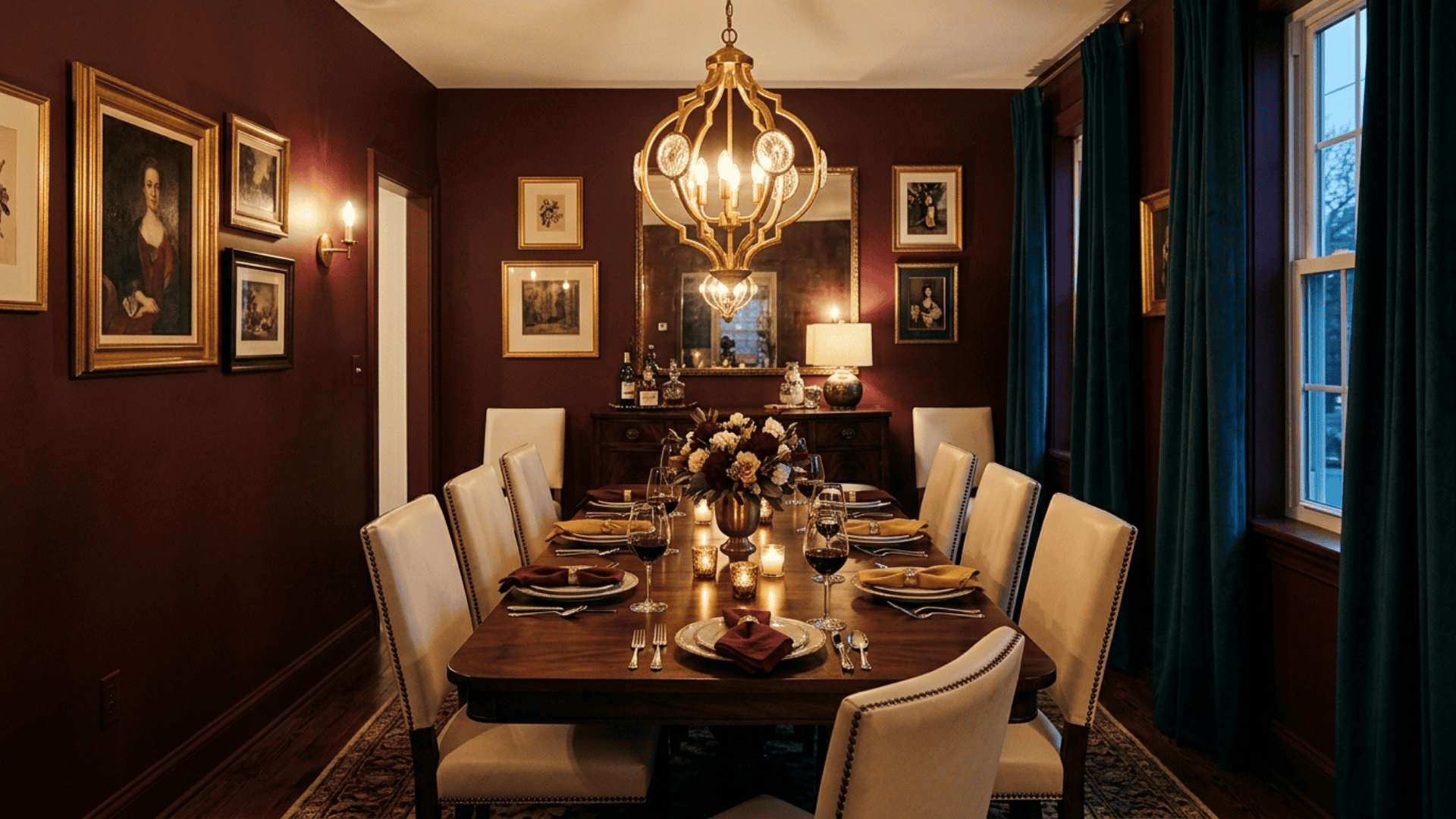 a burgundy dining room with dark wood furniture cream chairs and warm gold lighting adding deep atmosphere to a narrow formal space