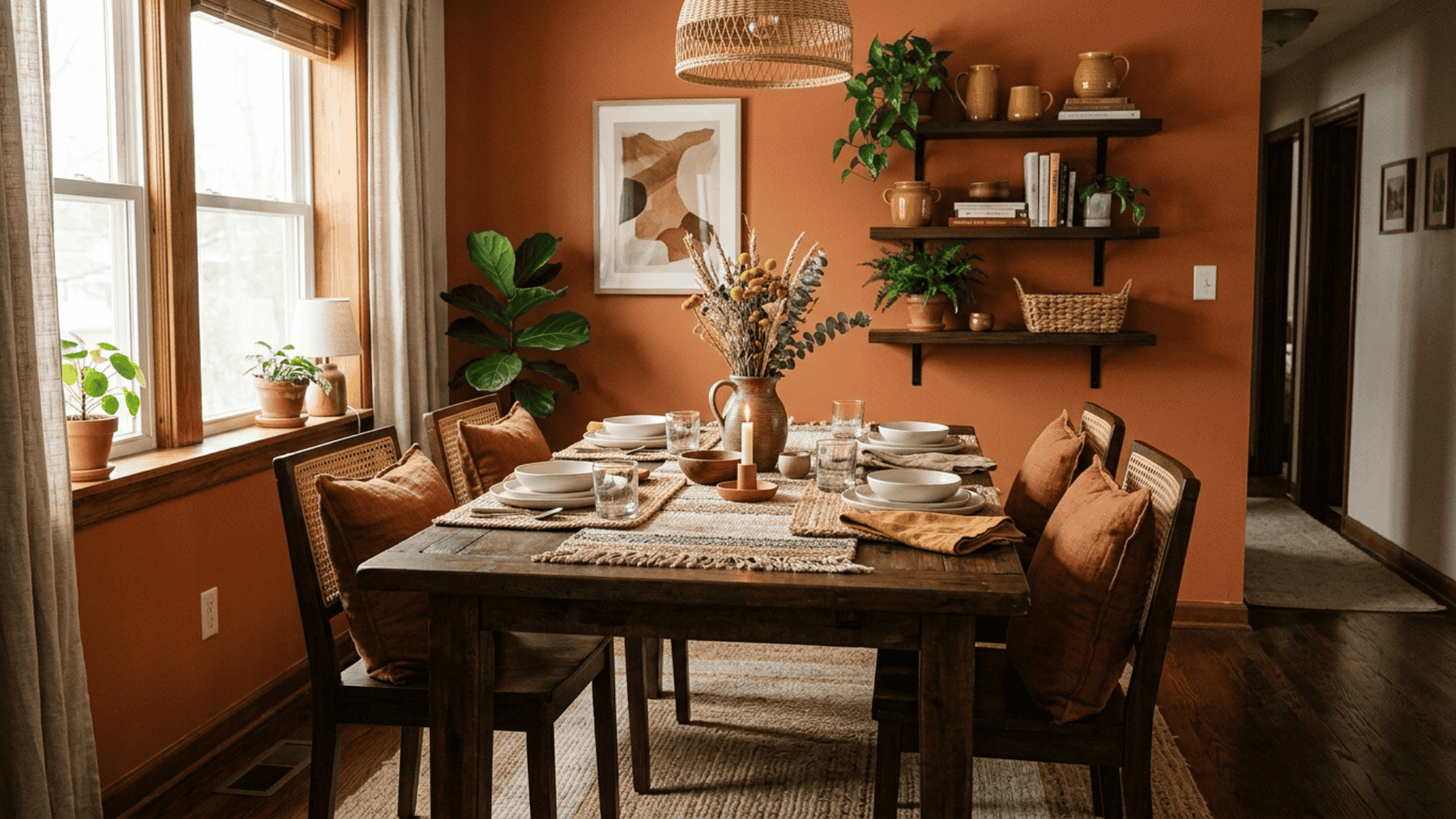 a burnt orange dining room with dark wood furniture woven textiles and mustard accents giving a warm bohemian and characterful feel