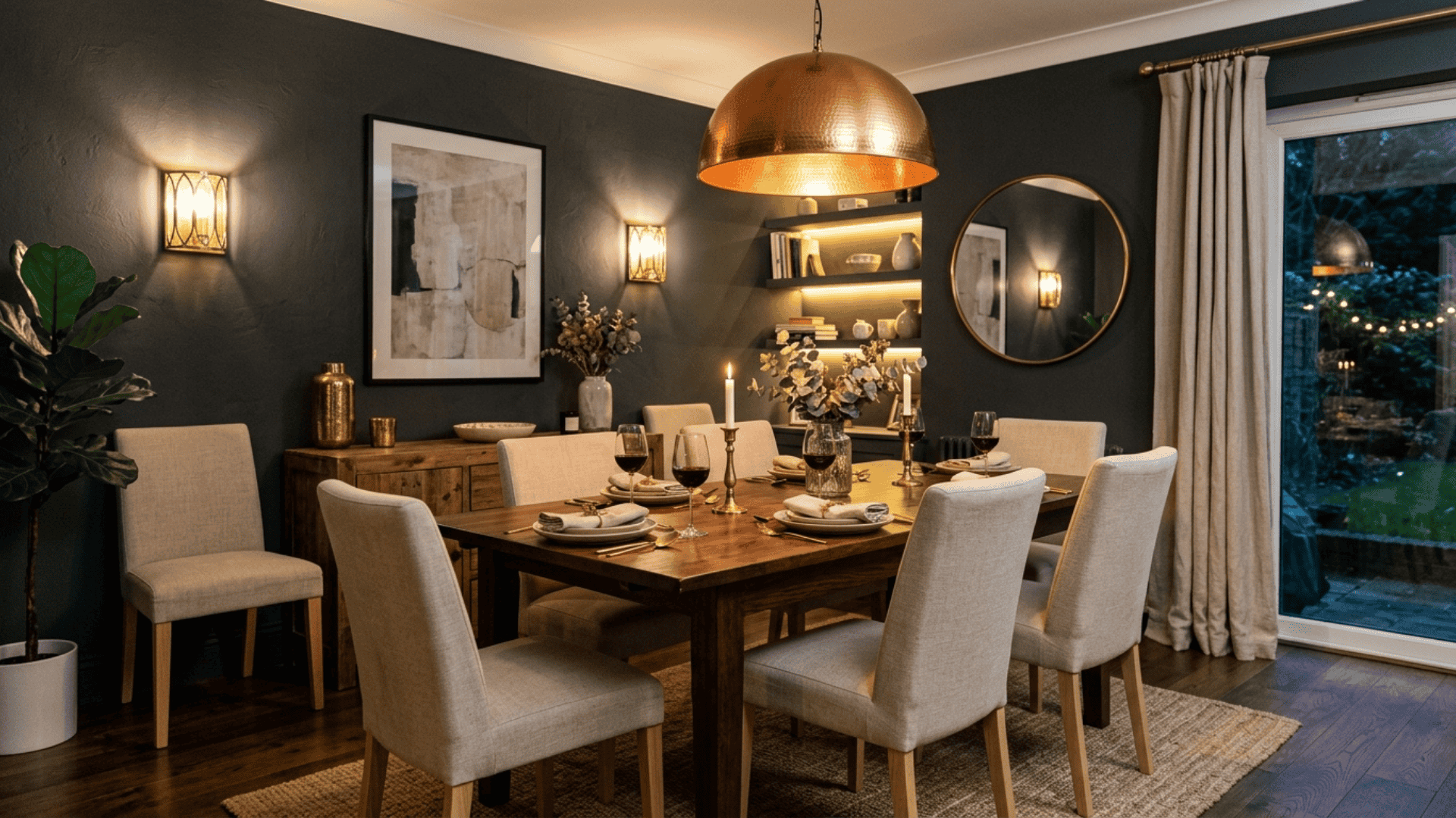 a charcoal gray dining room with brass fixtures light upholstered chairs and layered warm lighting creating an intimate evening atmosphere