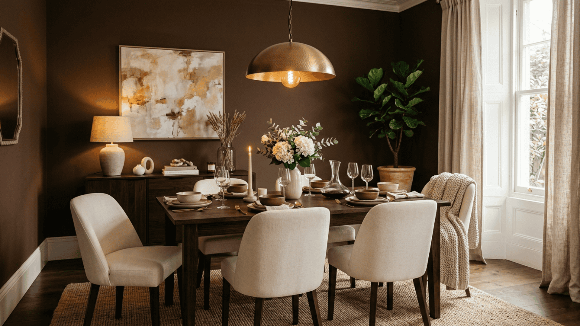 a chocolate brown dining room with cream upholstery warm metallic fixtures and soft textiles creating a deep enveloping and comfortable atmosphere