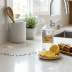 a clean kitchen counter shows a line of ants moving toward a small pile of crumbs. Nearby, a bottle labeled 'Vineyard Spray', lemon slices, cinnamon sticks, and peppermint oil represent natural re