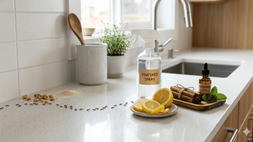 a clean kitchen counter shows a line of ants moving toward a small pile of crumbs. Nearby, a bottle labeled 'Vineyard Spray', lemon slices, cinnamon sticks, and peppermint oil represent natural re