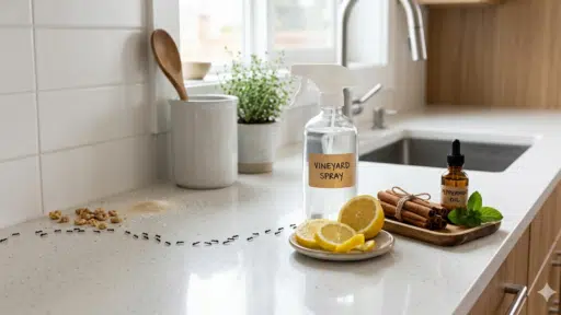 a clean kitchen counter shows a line of ants moving toward a small pile of crumbs. Nearby, a bottle labeled 'Vineyard Spray', lemon slices, cinnamon sticks, and peppermint oil represent natural re