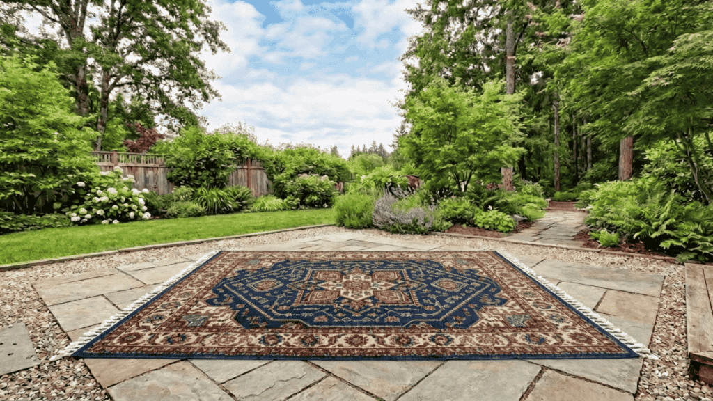 a clean patterned area rug spread flat in an open outdoor space under natural daylight to air dry completely after the cleaning process