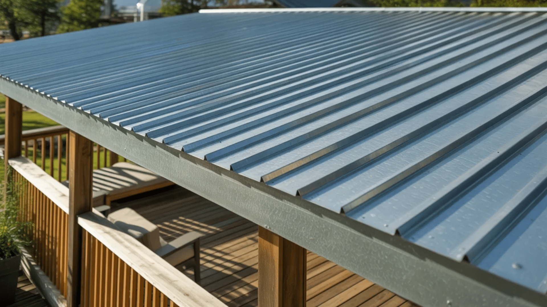 a close-up of a corrugated metal roof, adding a modern touch to an outdoor structure.