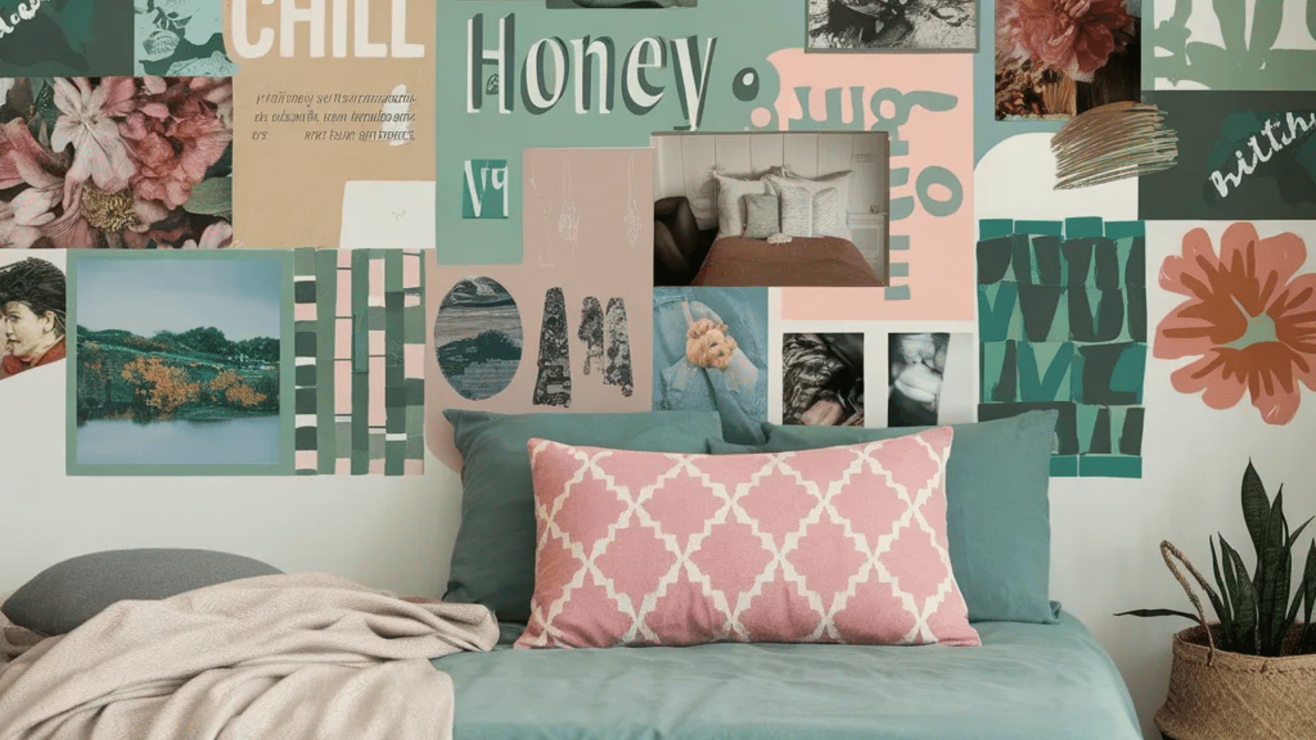 a collage wall of photos, text, and illustrations in various pastel colors, including images of flowers, landscapes, and portraits, above a bed with blue bedding and a patterned pillow.