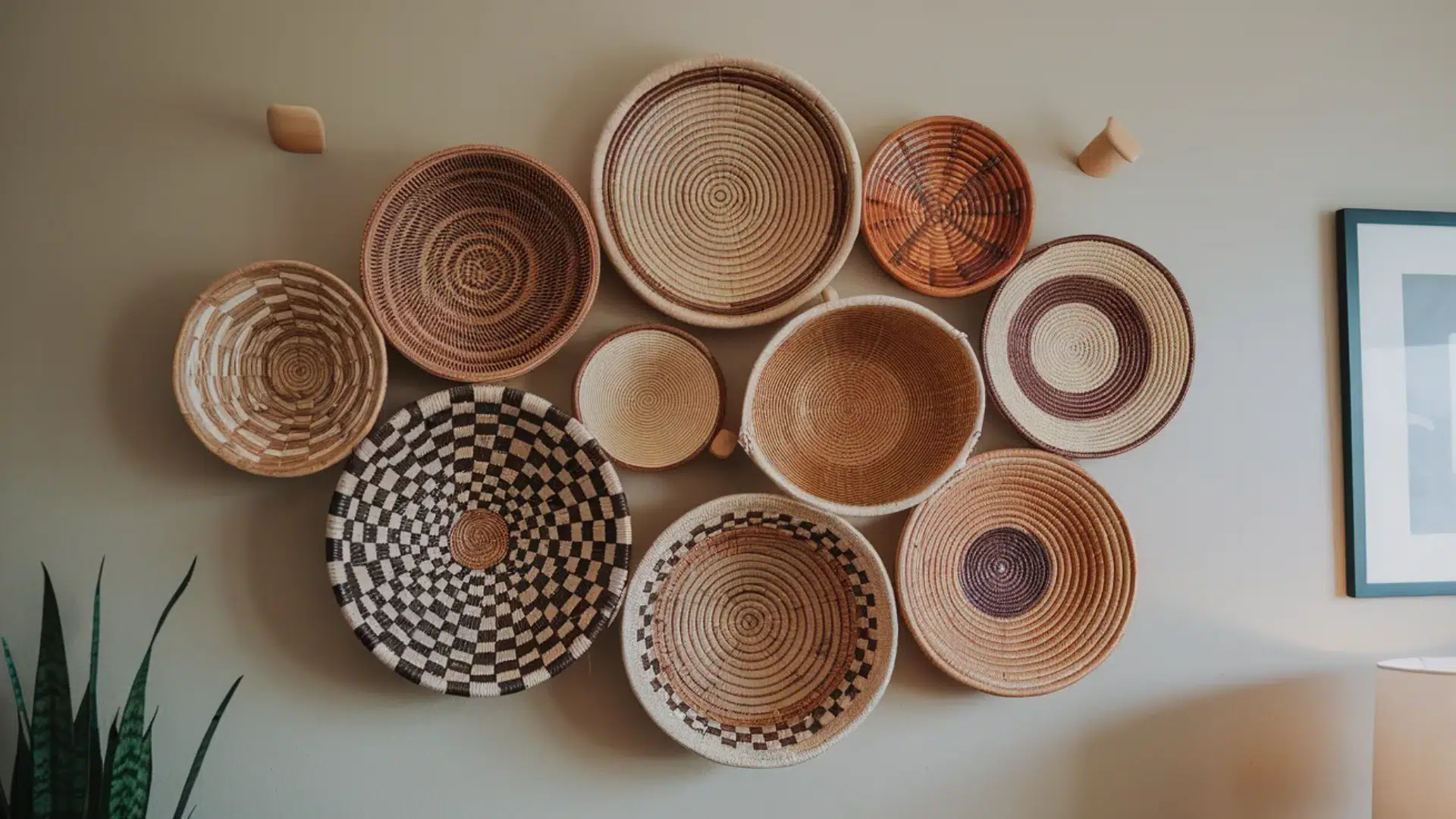 a collection of woven baskets in various sizes and patterns hanging on a wall, with a plant and a framed picture in the corner.