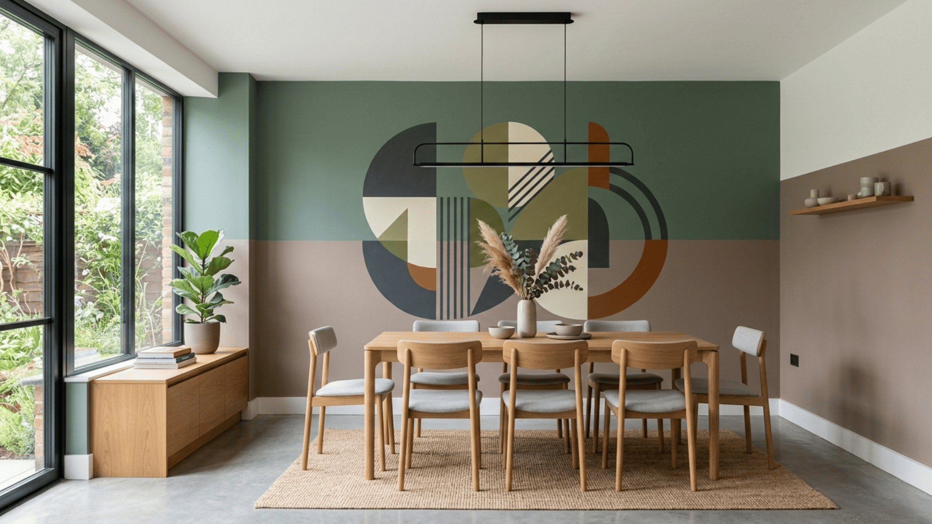 a color blocking dining room with two muted wall tones clean lines and minimal furniture letting the graphic wall treatment take focus
