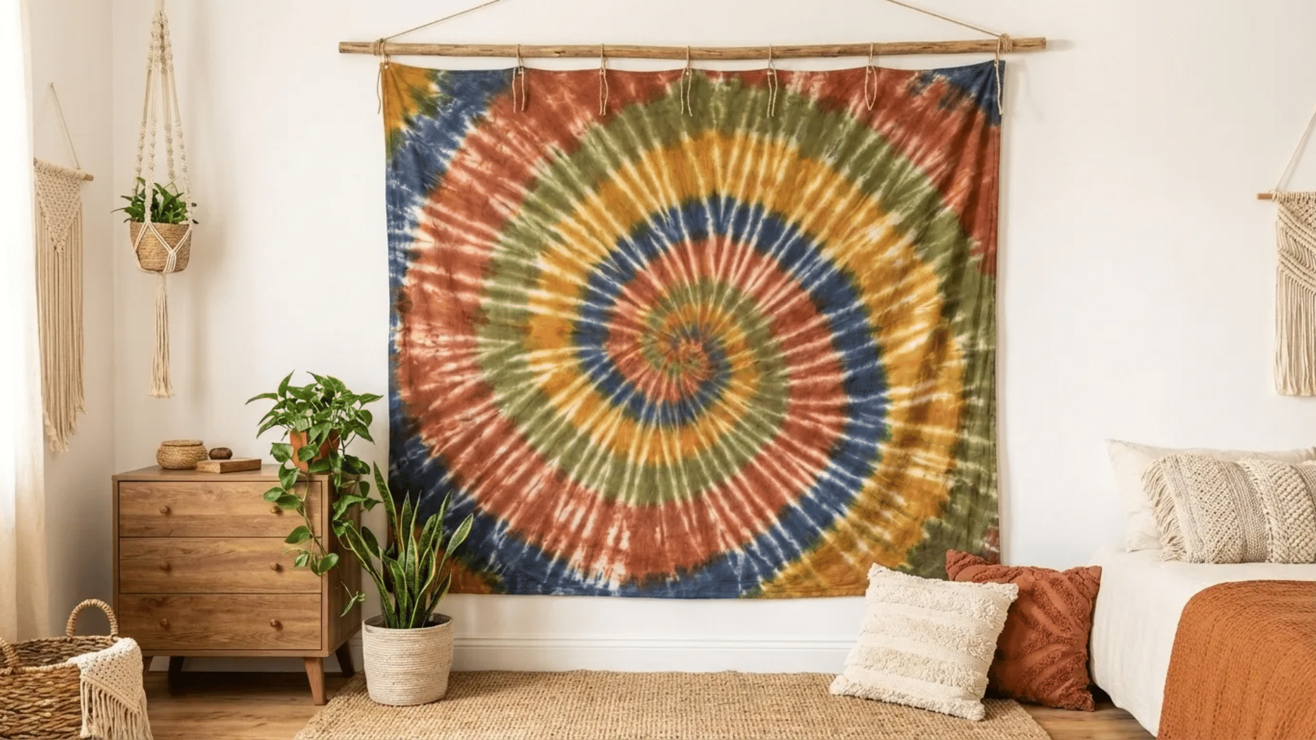 a colorful tie-dye wall hanging in shades of red, yellow, and blue, paired with a wooden dresser, potted plants, and cozy throw pillows in a boho-style room. (1)