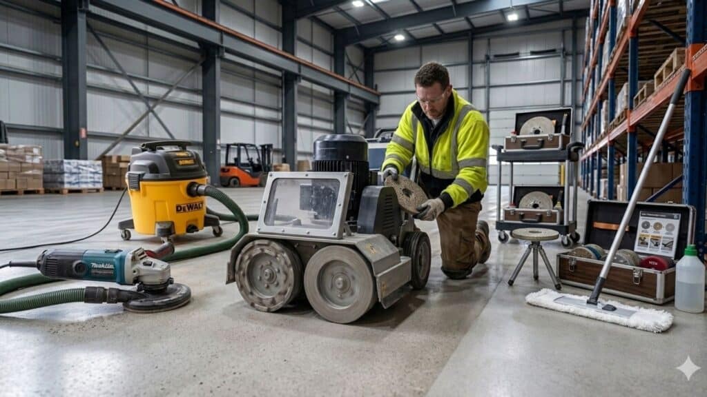 a contractor replaces grinding pads on a machine in a warehouse, showing the steps of concrete polishing