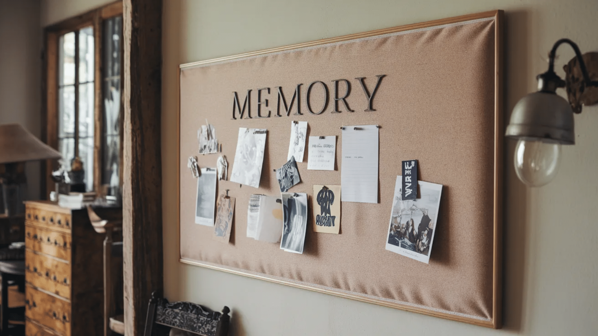 a corkboard with the word MEMORY written at the top, surrounded by photos, notes, and papers pinned with clips, and a vintage light fixture.