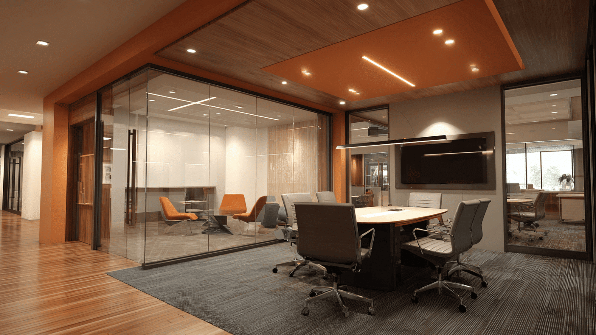 a corporate office interior with branded elements and efficient layout supporting professional workspace