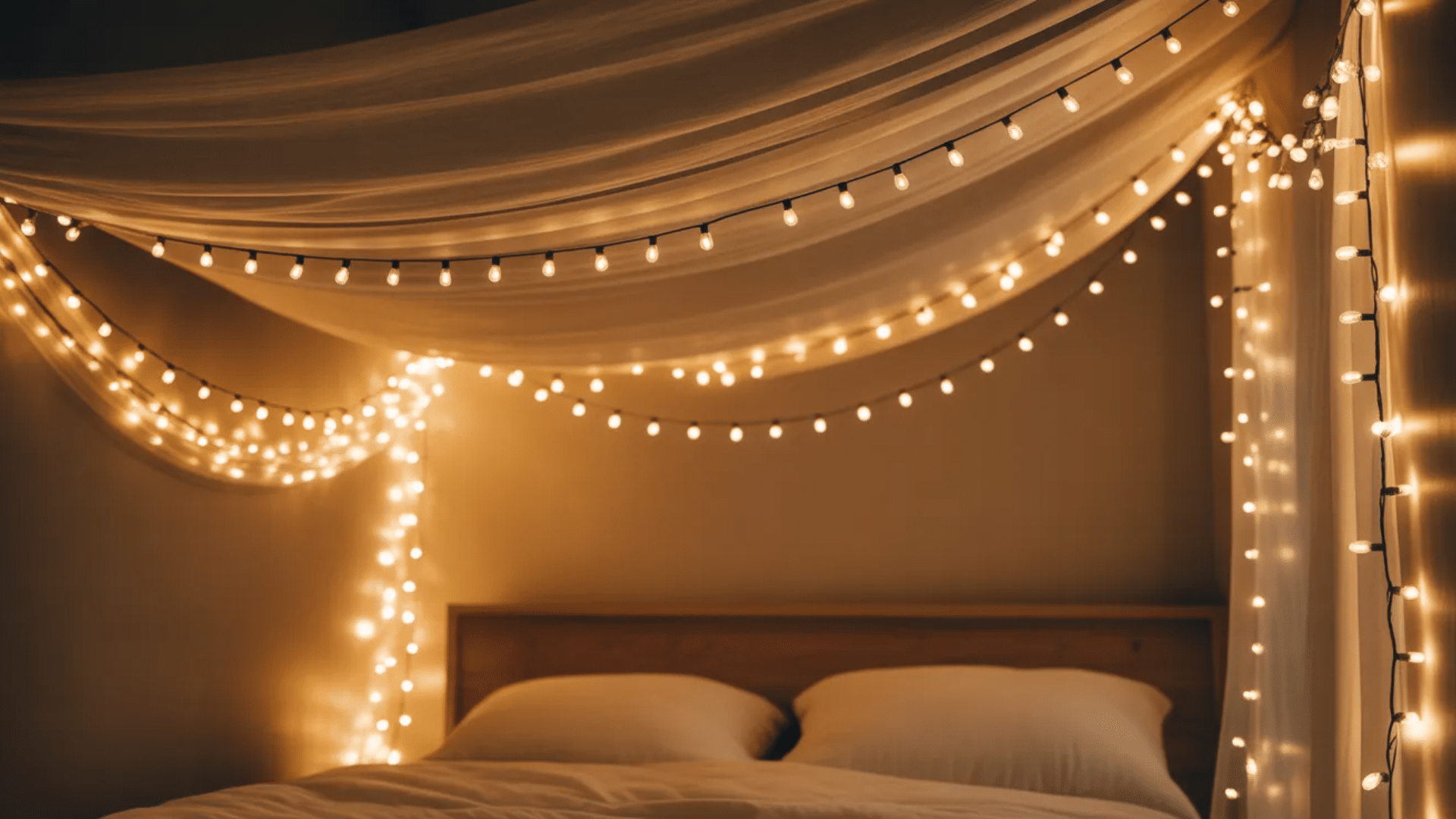 a cozy bedroom with a bed under soft white bedding, draped with string lights and sheer fabric creating a warm, glowing atmosphere.