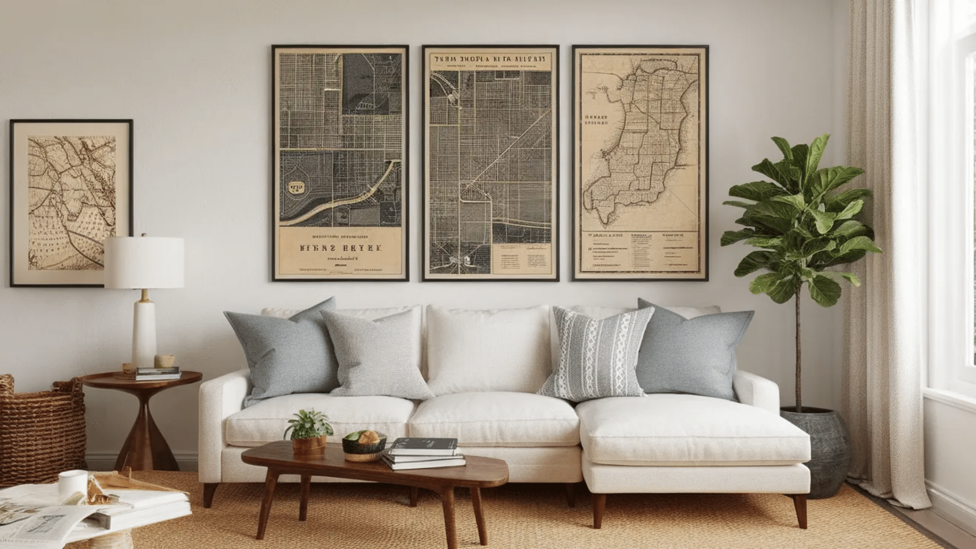 a cozy living room featuring a white sectional sofa with gray pillows, framed vintage maps on the wall, a potted plant, and a wooden coffee table with books and a small plant.