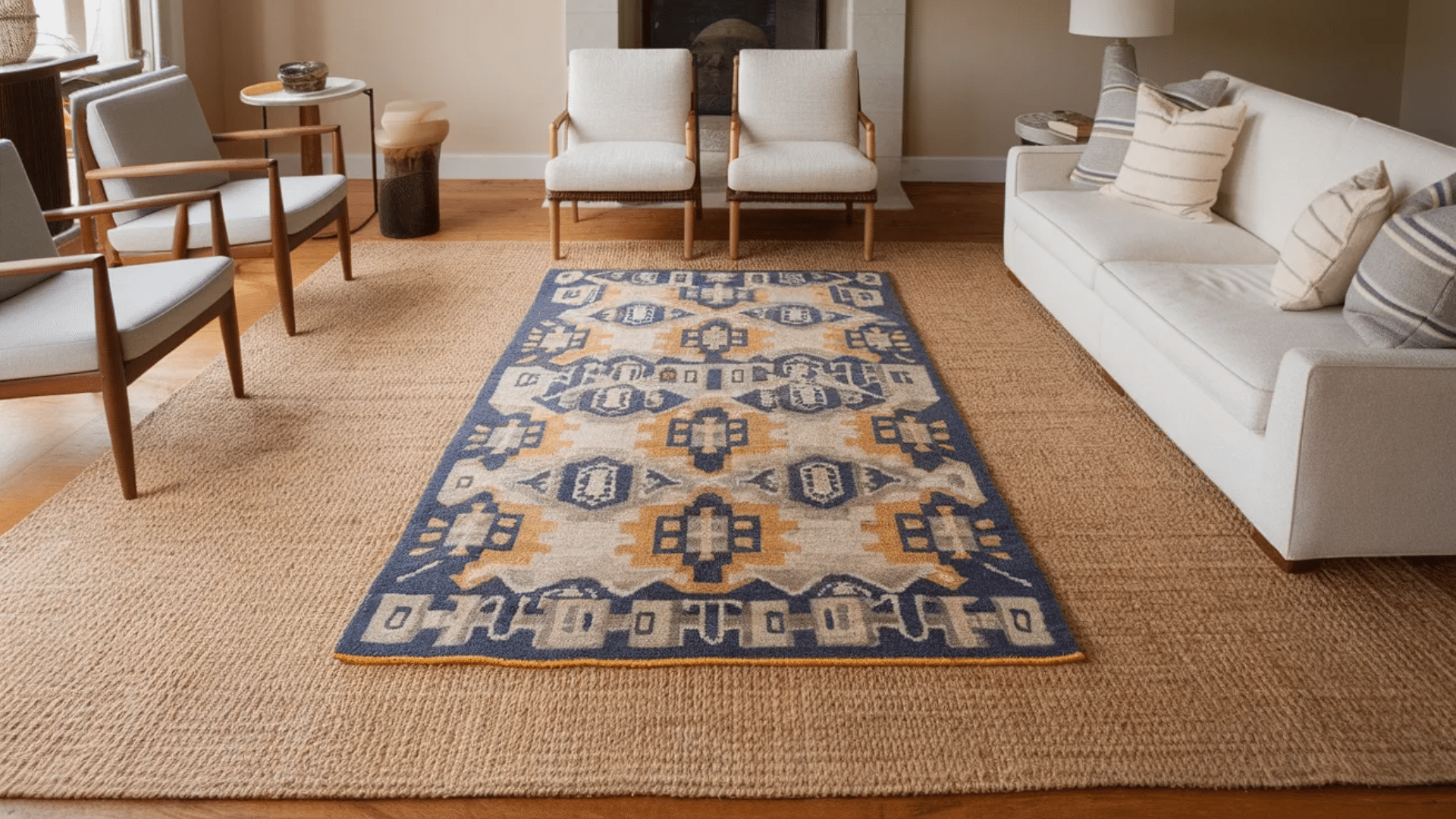 a cozy living room with a textured beige rug, a patterned blue and yellow rug on top, a modern white sofa with striped pillows, and two wooden chairs. (1)