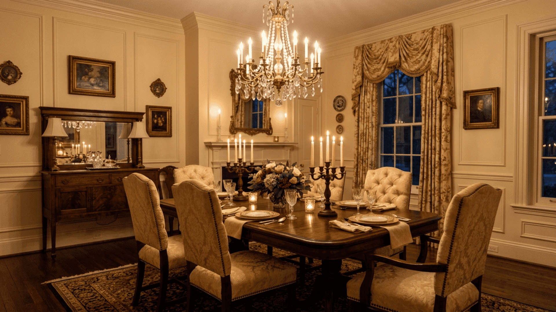a cream toned dining room with antique furniture button tufted chairs gold chandelier and decorative molding for a traditional evening look