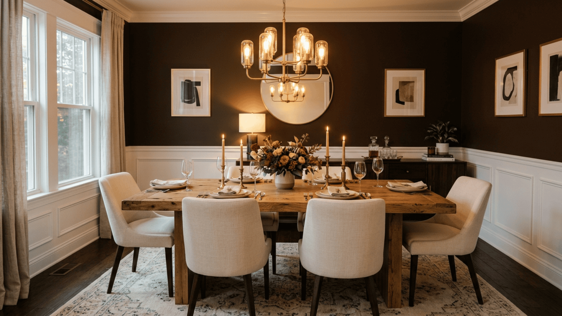 a dark walls dining room with light cream furniture natural wood table and warm lighting creating a bold dramatic yet livable contrast
