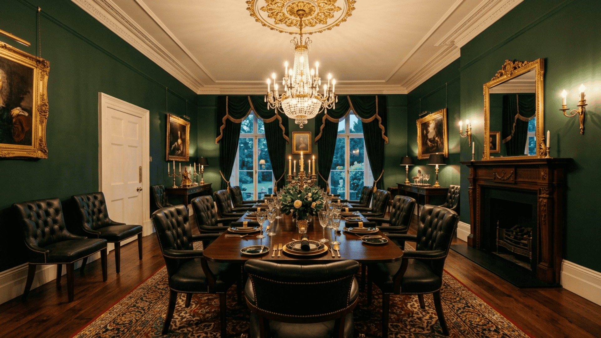 a deep green dining room with high ceilings dark leather chairs gold fixtures and a patterned rug creating a formal layered atmosphere