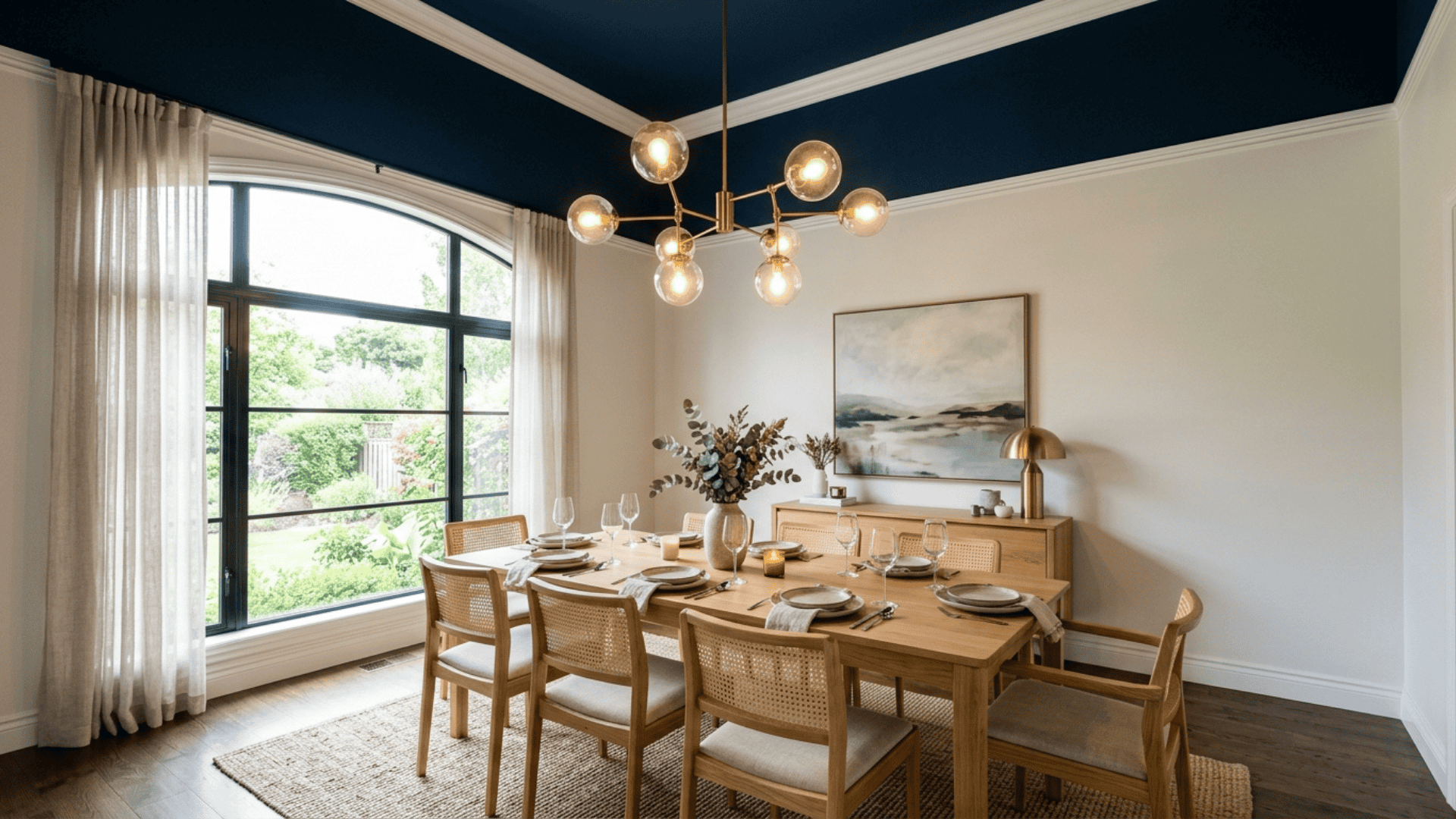 a dining room with a bold navy ceiling neutral white walls and a statement pendant light adding drama without overwhelming the space