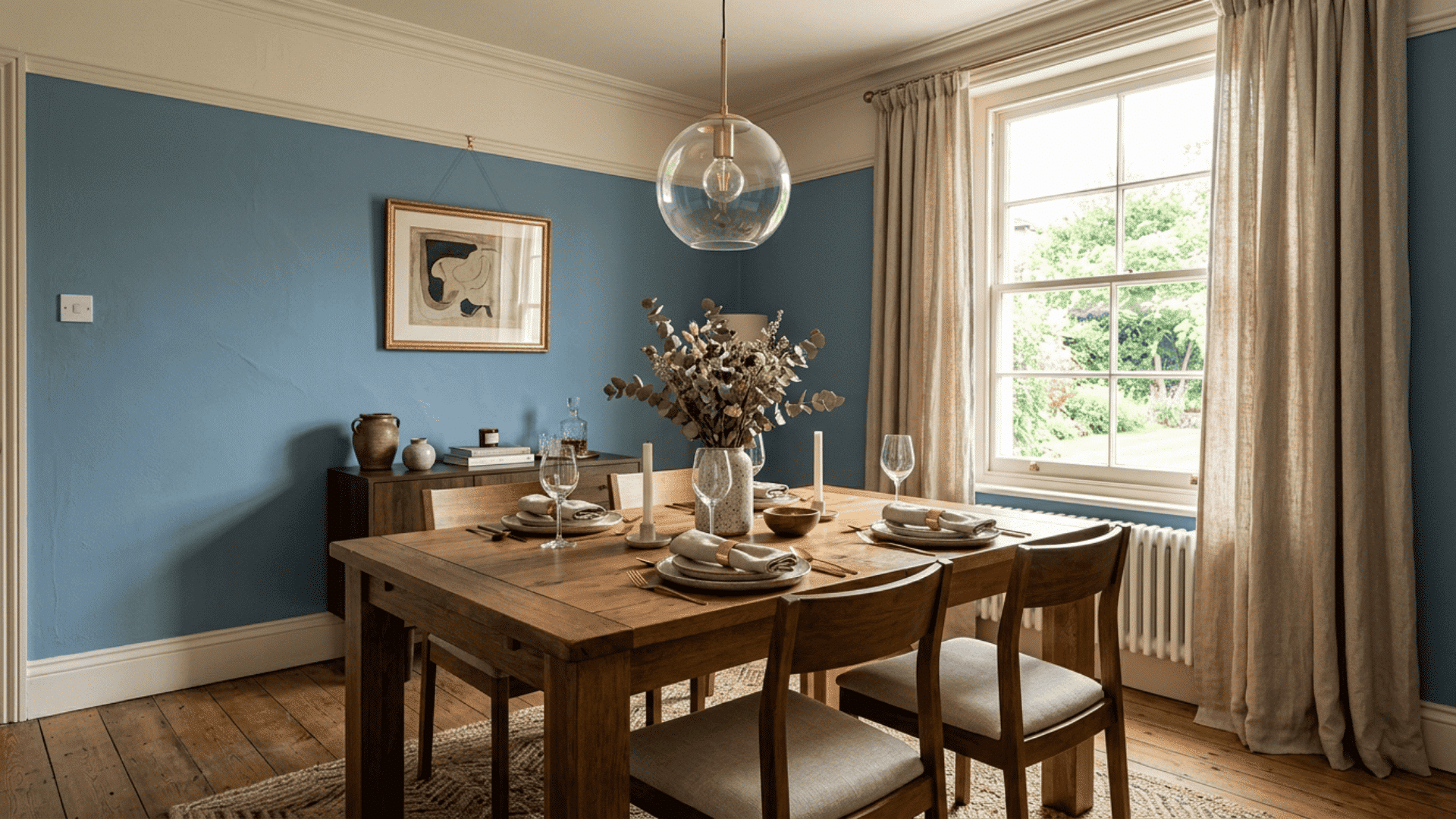 a dusty blue dining room with warm wood tones cream trim and brushed gold accents keeping the space calm balanced and comfortable