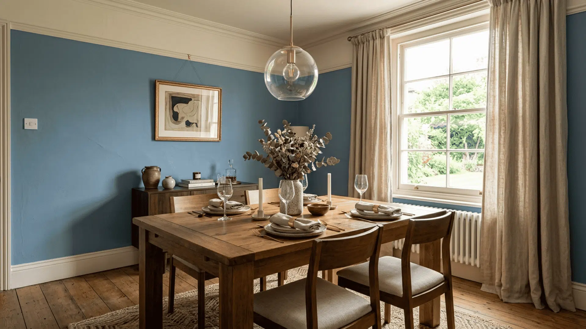 a dusty blue dining room with warm wood tones cream trim and brushed gold accents keeping the space calm balanced and comfortable