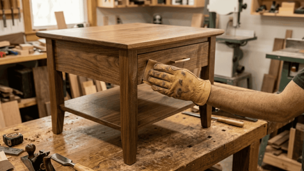 a finished wooden end table with the drawer fully open and one gloved hand lightly sanding the drawer side to ensure smooth and easy movement