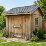a finished wooden shed with a corrugated roof and wooden door standing on level ground in a clean sunny backyard