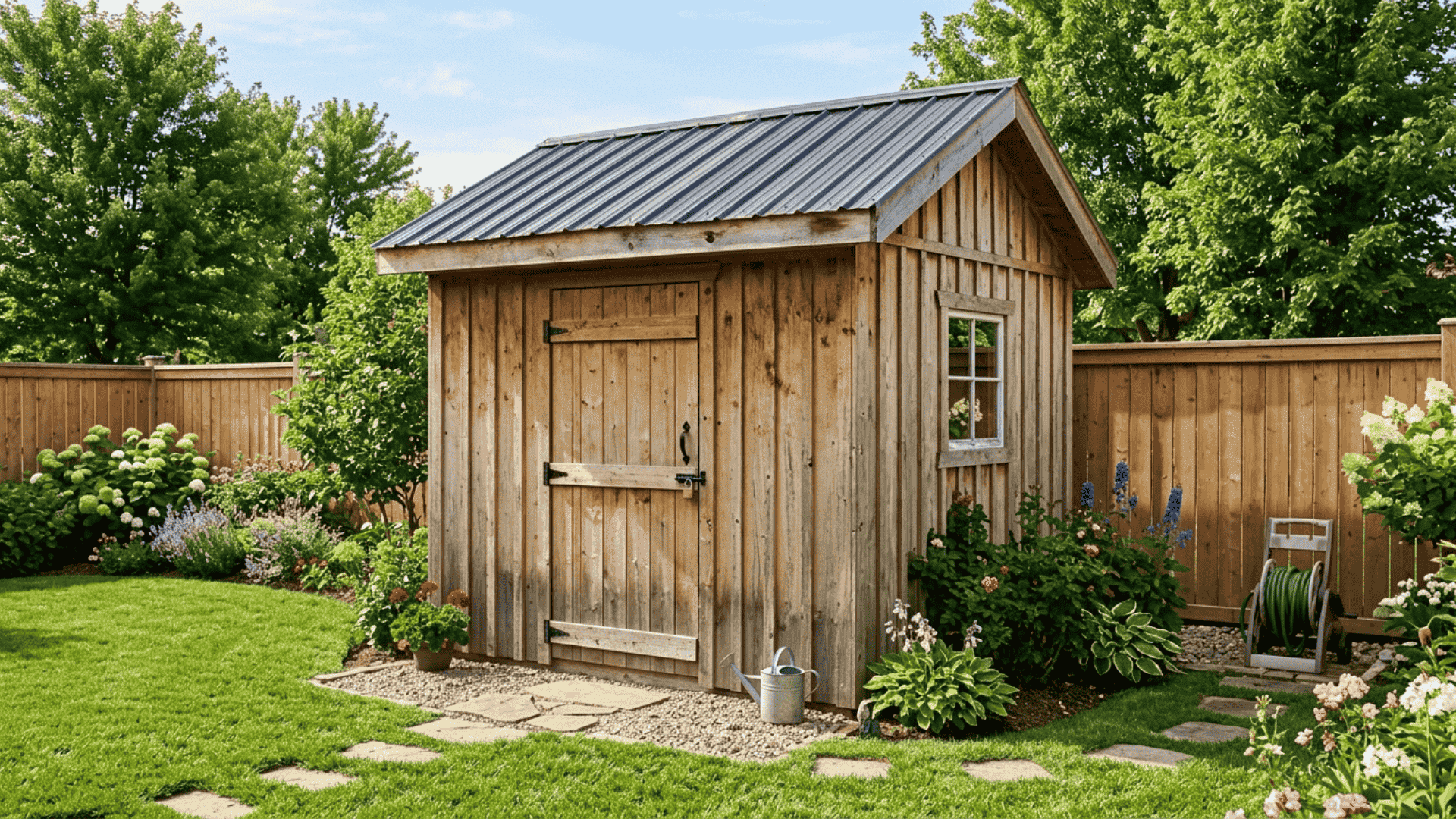 a finished wooden shed with a corrugated roof and wooden door standing on level ground in a clean sunny backyard