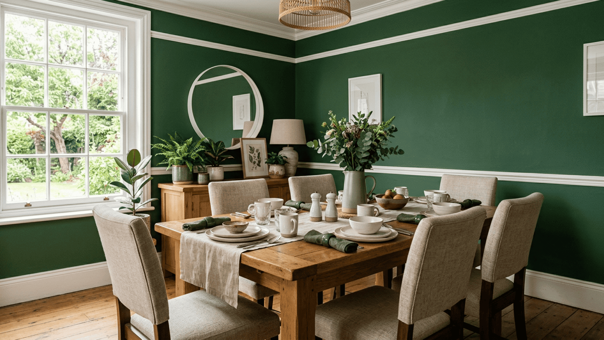 a forest green dining room with white trim linen upholstery and simple wooden furniture suits a transitional scandinavian inspired style
