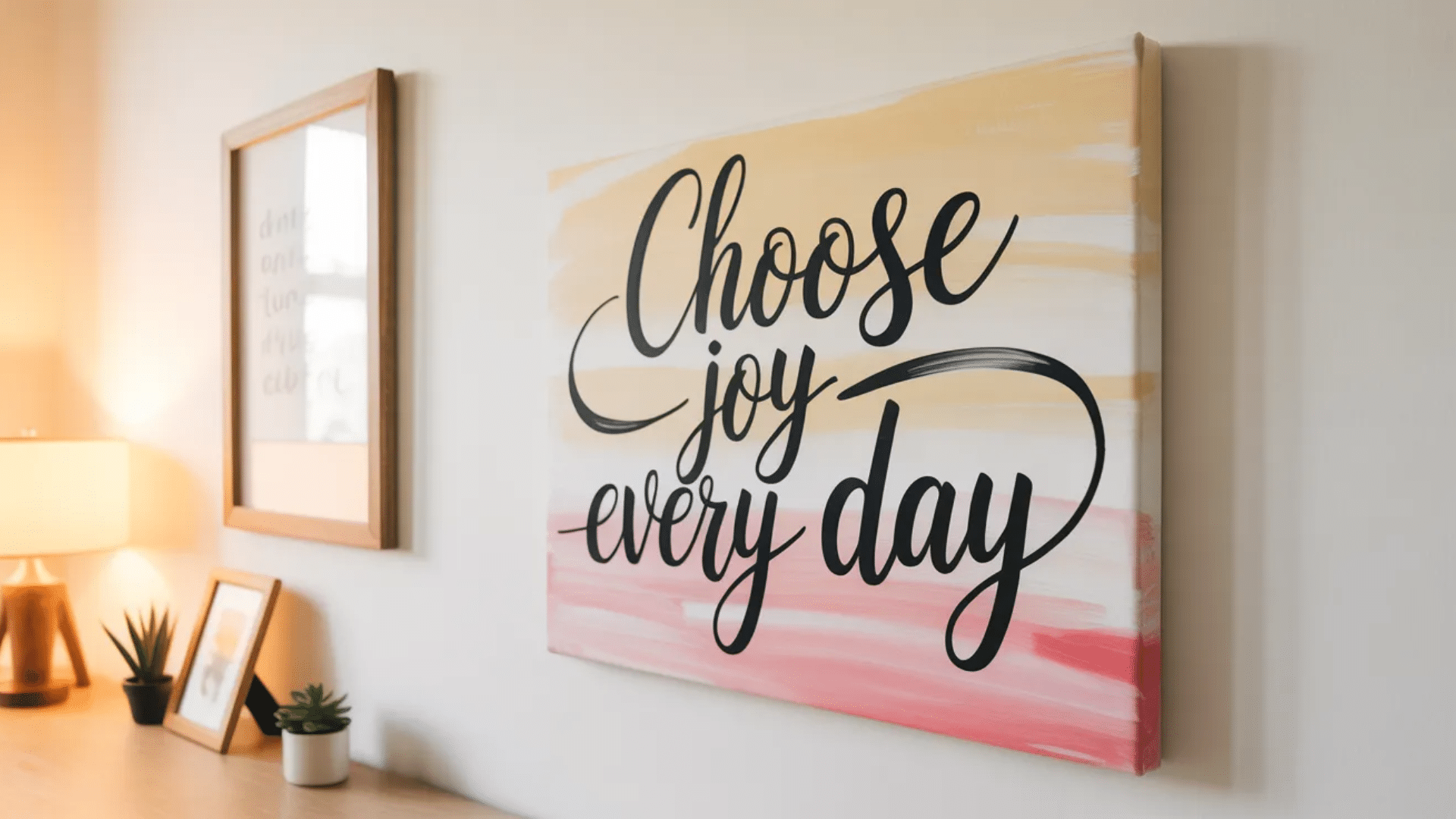 a framed canvas with the phrase Choose joy every day in bold script, set against a soft gradient of pink, yellow, and white, with a desk lamp and plants nearby.