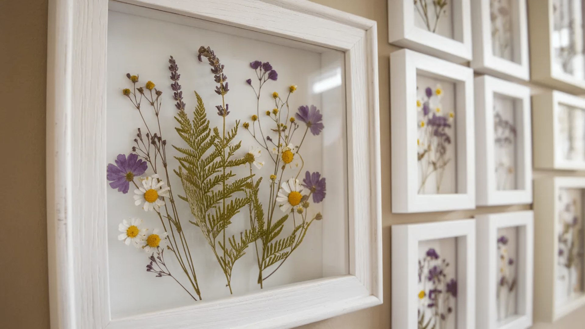 a framed display of dried flowers, including daisies, lavender, and ferns, hanging among other similar white-framed botanical prints on a wall.