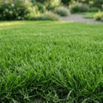 a freshly reseeded lawn showing uniform green grass growth filling in across the entire surface in natural outdoor daylight
