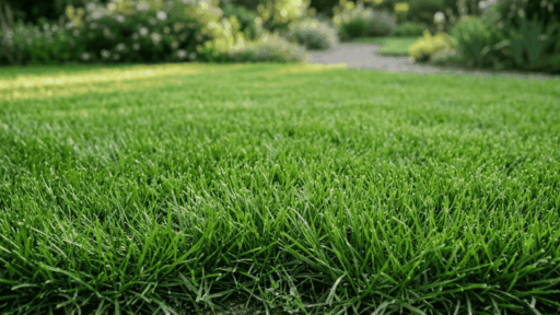 a freshly reseeded lawn showing uniform green grass growth filling in across the entire surface in natural outdoor daylight
