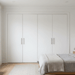 a fully built diy closet with closed doors clean modern bedroom neat finish soft natural light minimal clutter
