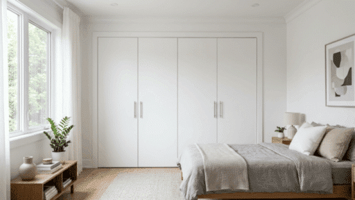 a fully built diy closet with closed doors clean modern bedroom neat finish soft natural light minimal clutter