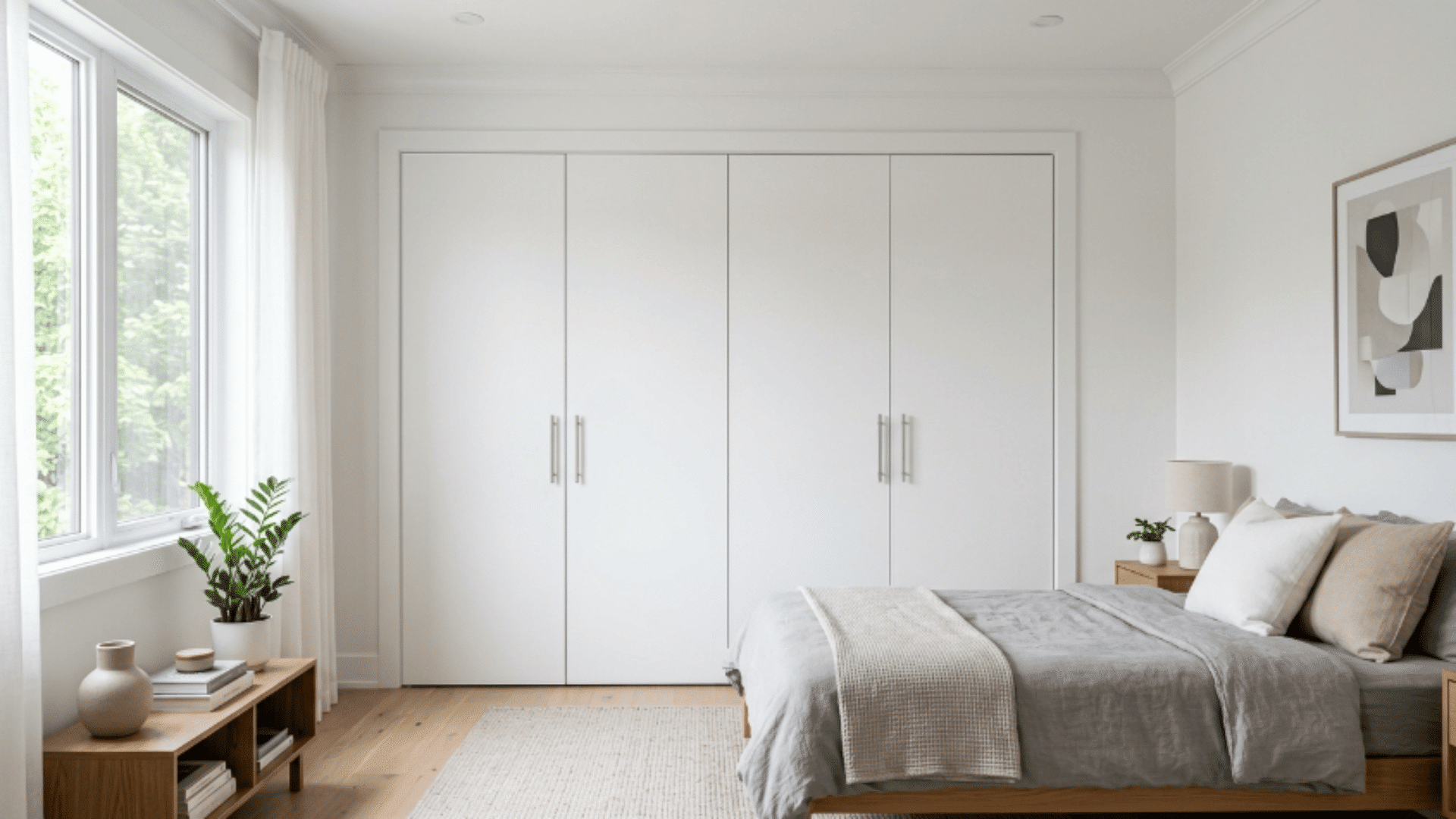 a fully built diy closet with closed doors clean modern bedroom neat finish soft natural light minimal clutter
