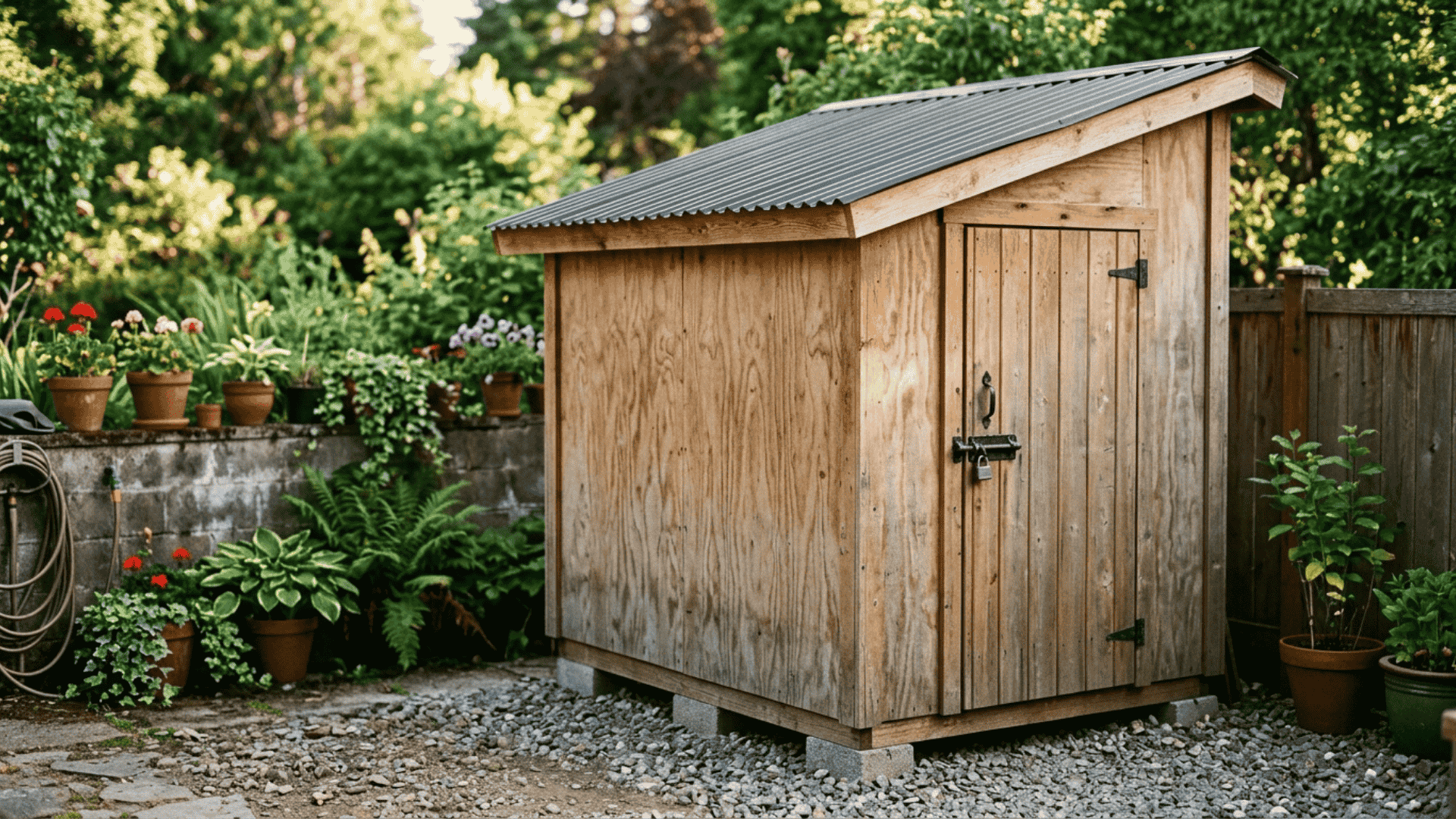 a fully completed wooden shed with a corrugated metal roof and wooden door standing on a gravel and concrete block base
