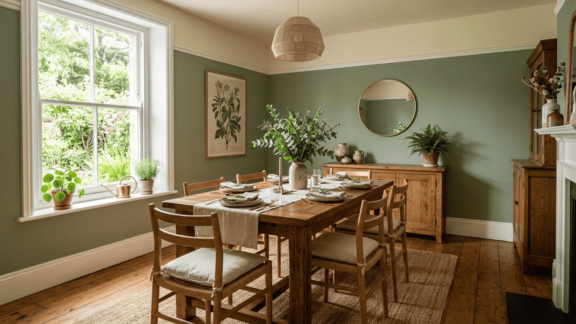 a green and wood dining room with green walls wood flooring cream ceiling and white trim tying the full organic room palette together