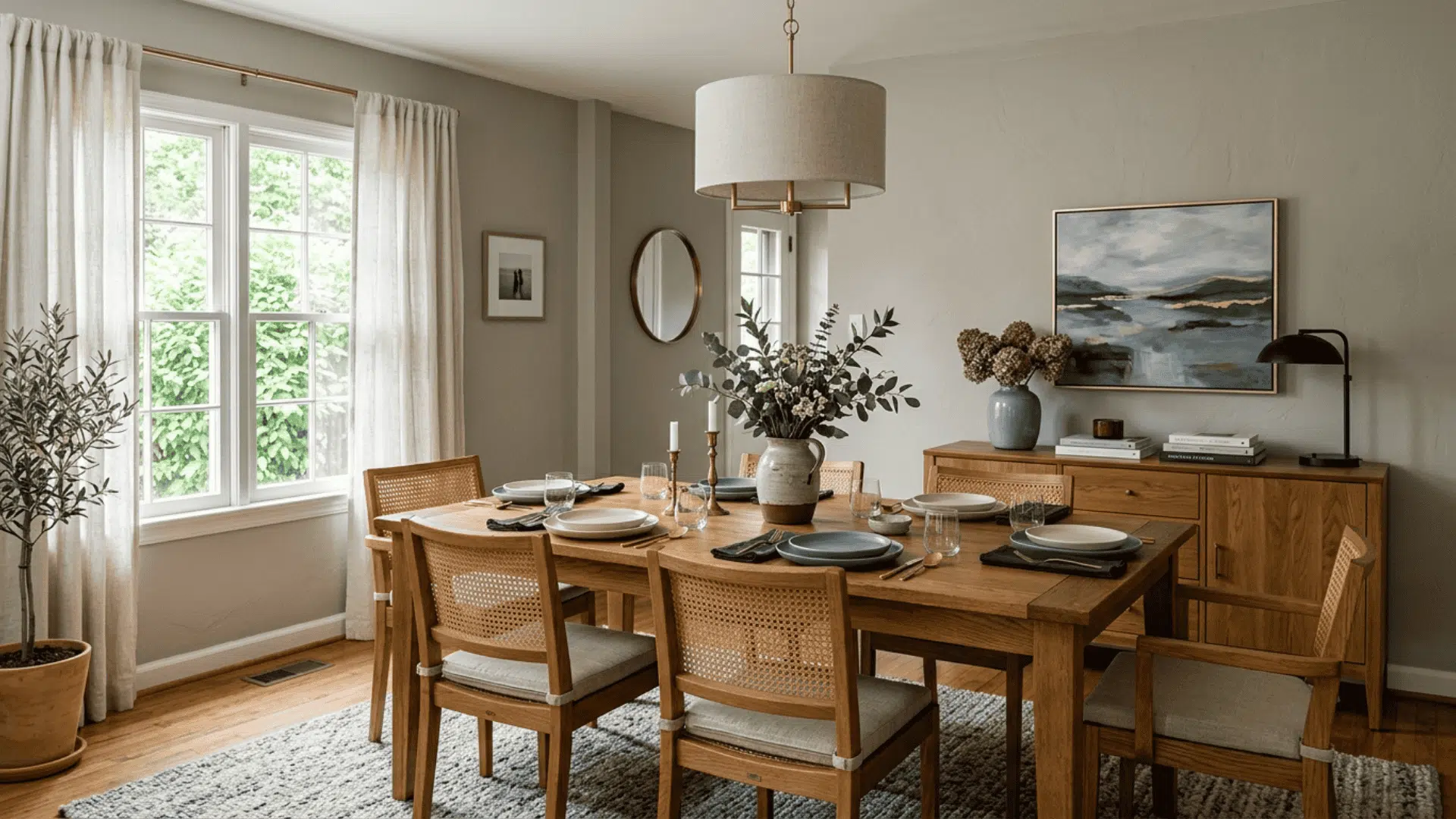 a greige dining room with warm wood tones and mixed cool and warm accents creating a balanced and timeless color palette