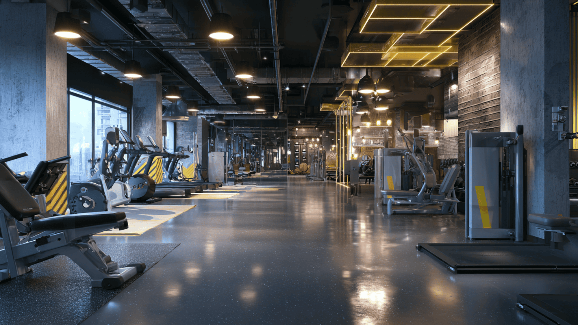 a gym interior with open layout equipment and energetic lighting supporting fitness and movement