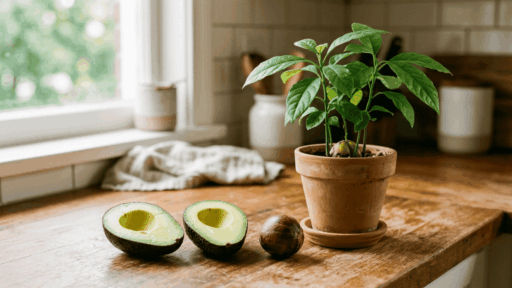 a halved avocado with its pit and a green avocado plant in a terracotta pot on a wooden kitchen counter