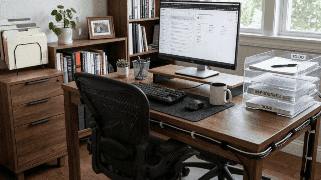 a home office desk with labeled file organizers, cable clips, and papers sorted into to-do, in-progress, and done sections