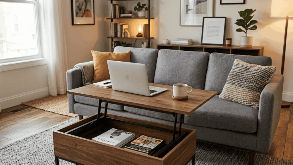 a lift top coffee table with surface raised to working height in front of a grey sofa showing its flexible use in a modern living room