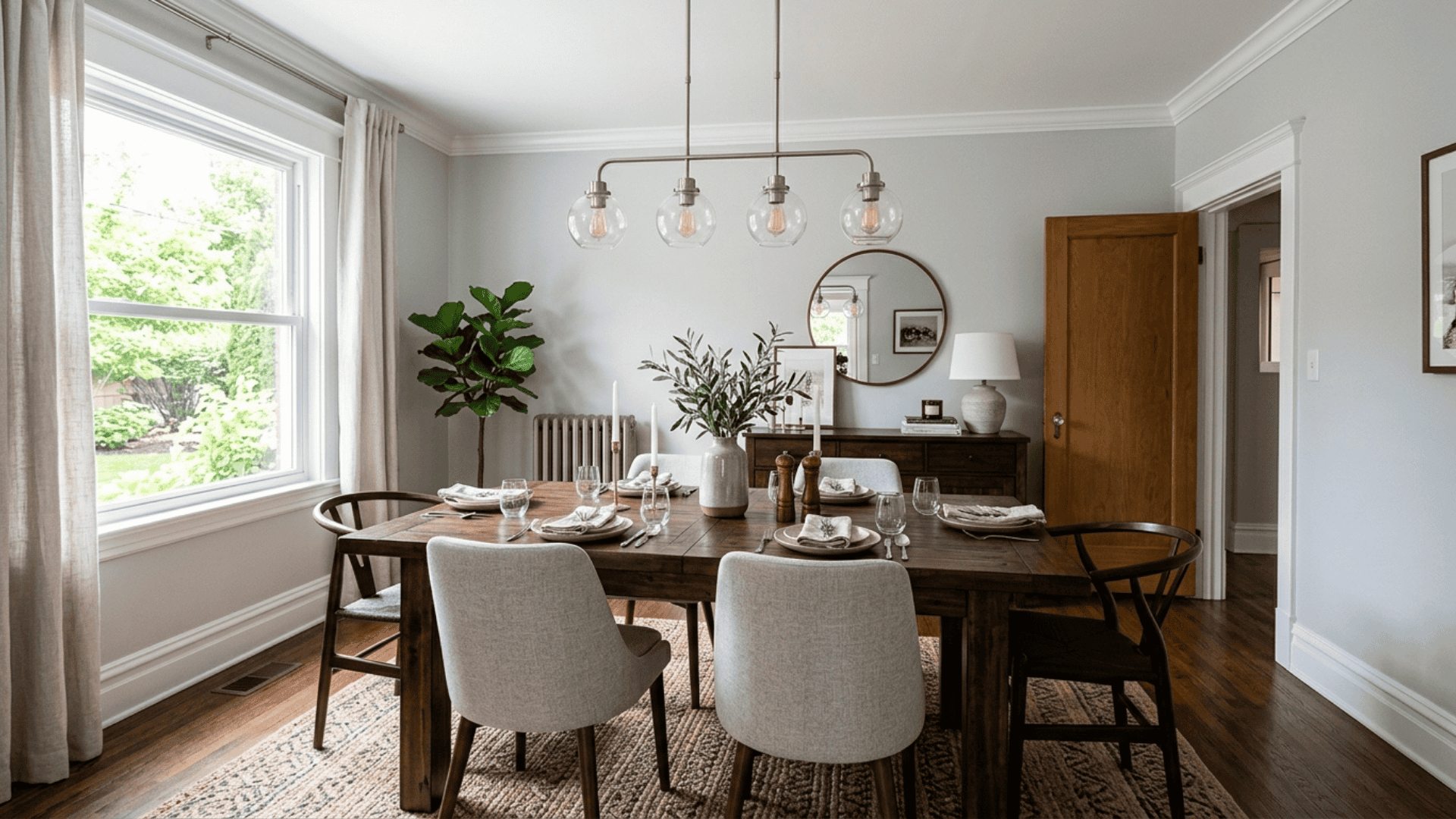 a light gray dining room with white trim dark wood furniture and brushed nickel fixtures offering a clean and polished look